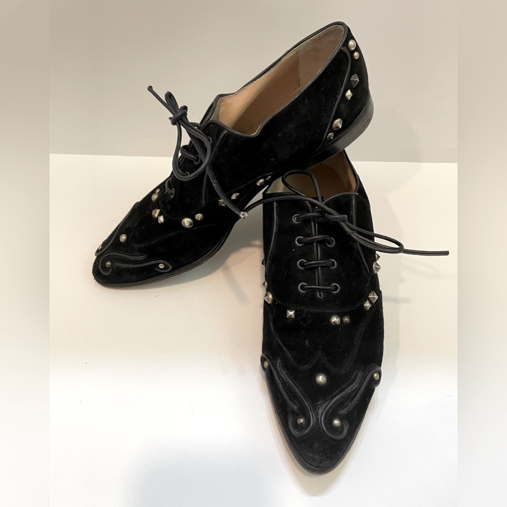 Vintage Maud Frizon studded black suede tie loafers, size 9